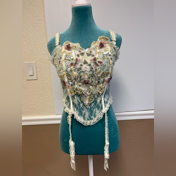 Vintage Rare Gold Label  1990s Ivory Hand-Beaded Lace Corset Bustier‎ - Picture 4 of 13
